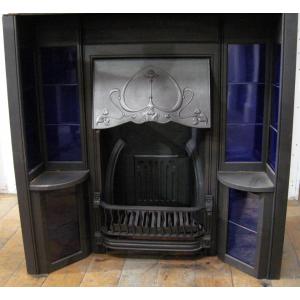 Art Nouveau Cast Iron Tiled Hobbed Fireplace Insert