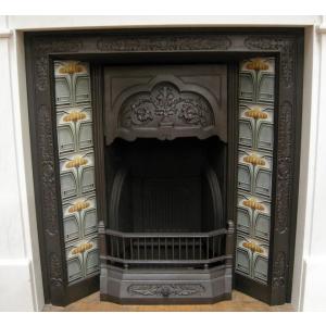 Original Art Nouveau Tiled Cast Iron Fireplace Insert