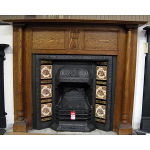 Original Carved Oak Art Nouveau Fireplace Surround Mantel